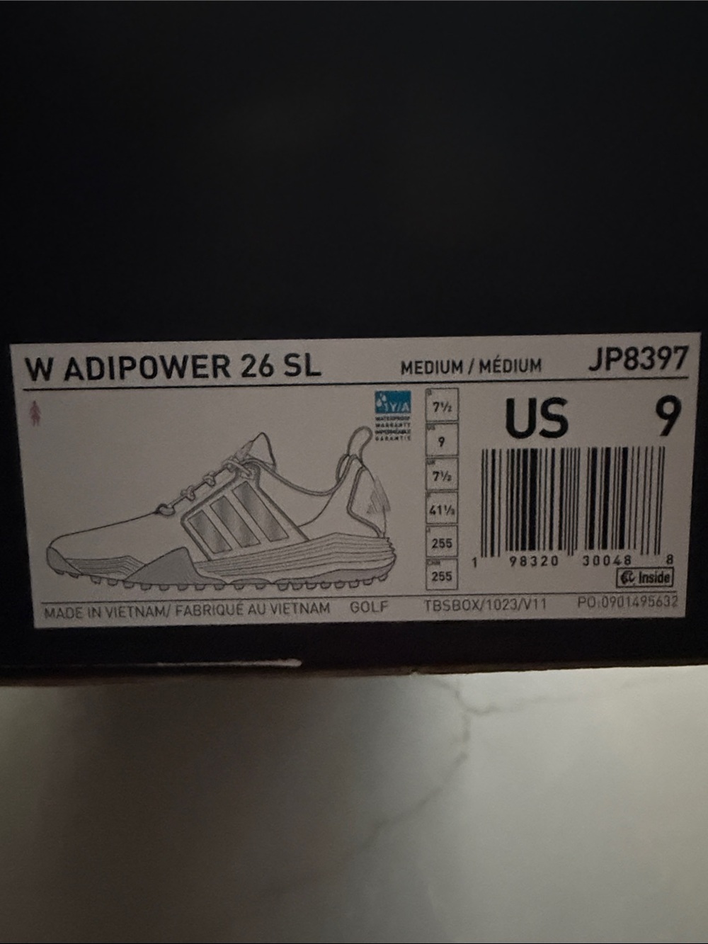 adidas Womens Adipower 26 SL waterproof golf shoe size 9 White/Black